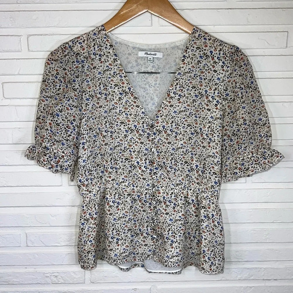 Madewell Silk V-Neck Fieldwalk Floral Peplum Pop Over Top, Women Size XS - Picture 2 of 8